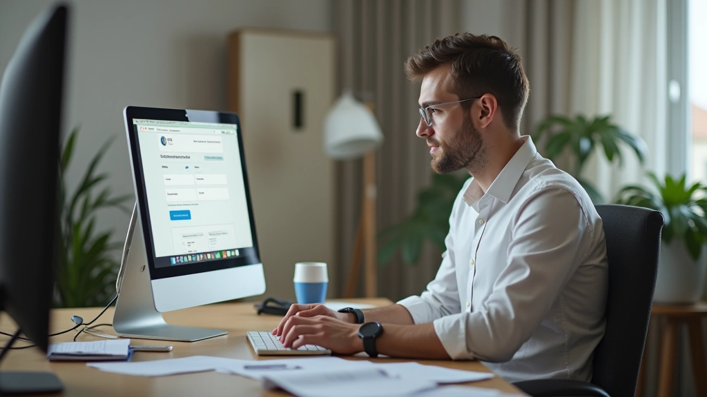 Profissional independente ao computador preenchendo formulário fiscal online, ambiente de escritório organizado